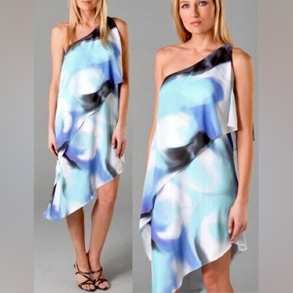 Halston Heritage Dresses & Skirts - Halston Heritage Galaxy Blue One Shoulder Tiered Asymmetric Dress 8